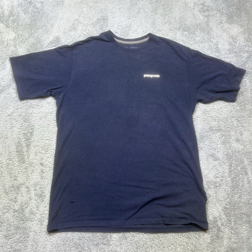 Patagonia Shirt Mens M Navy P-6‎ Logo Responsibili-Tee Regular Fit Hiking *HOLES